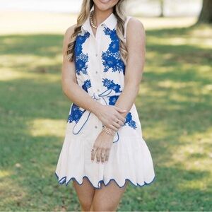Sleeveless White Dress with Blue Floral Embroidery